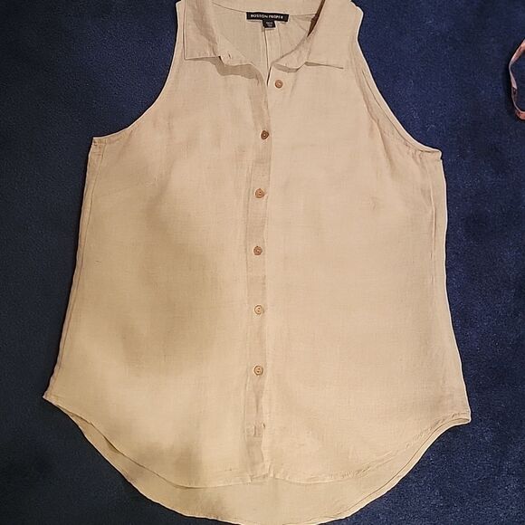 Boston Proper Sleeveless Beige Linen Button-Down Shirt Sz M - Picture 6 of 13
